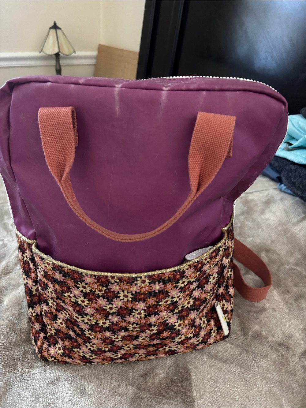 Purple Floral-Panel Women’s Backpack with Rose Handles